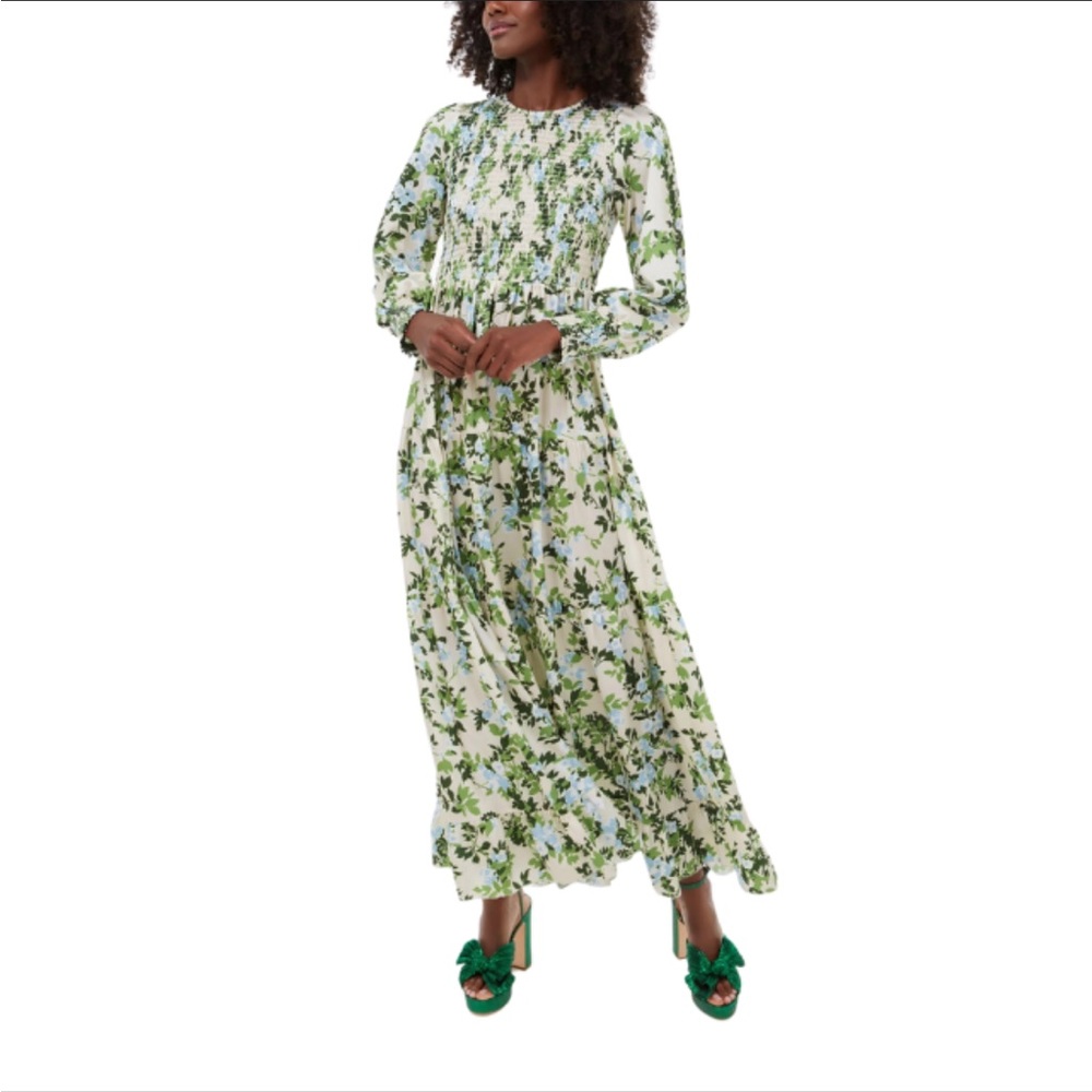 Tuckernuck - Beige w/ Blue & Green Floral Print Smocked Dress Sz XS